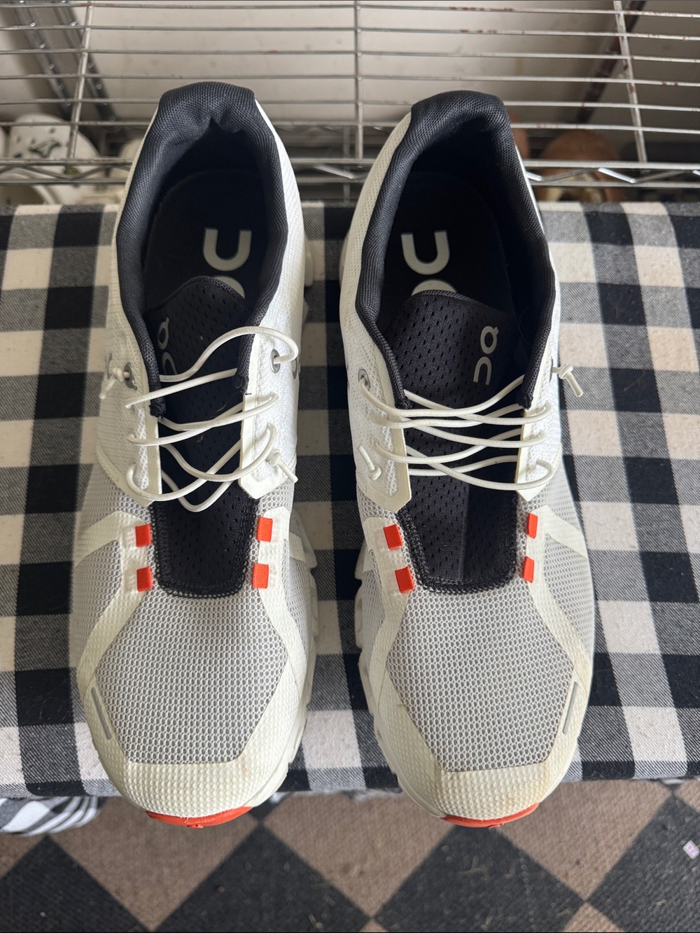On Running Men's Athletic Shoes White with Black and Orange Accents like new